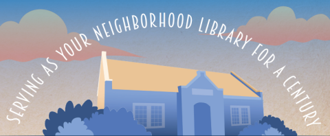 Stylized image of the Stockyards City Library with the text - Serving as your neighborhood library for a century.
