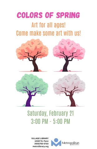 Four trees with pastel leaves or blossoms. The text is the event name, time, date, and the library location.