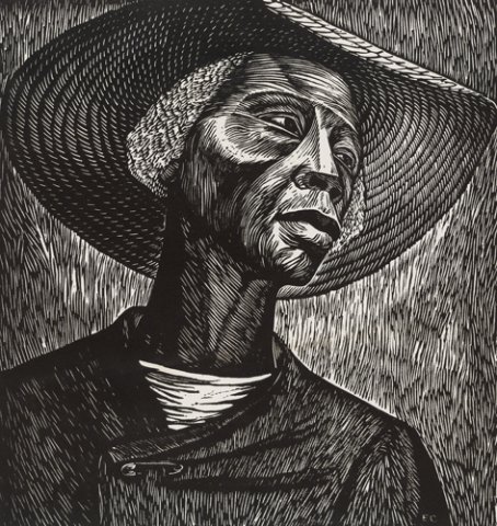 An image of a print by Elizabeth Catlett of a woman wearing a hat