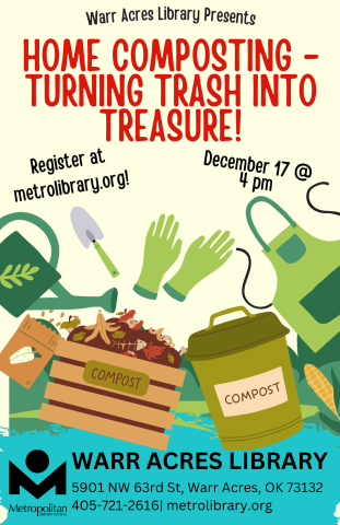 11 x 17 poster for the program. The image features two compost bins, a pair of green gloves, an apron, and a water can. 