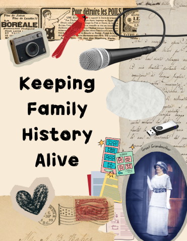 One vintage photograph as well as illustrations of a vintage camera, microphone with speech bubble, a cardinal aka redbird, a flash drive, sketches of documents/photographs/a recipe card, and a doodle of a heart, surrounding the text "Keeping Family History Alive"