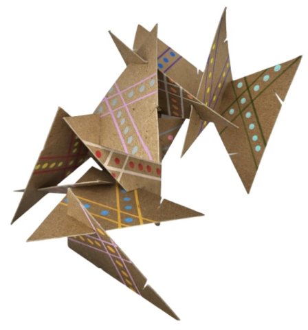 Decorated triangle pieces put together to form a structure.