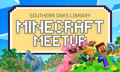 A flyer promoting the Minecraft meetup. The background shows a Minecraft landscape, Steve, Alex, and other Minecraft creatures. 