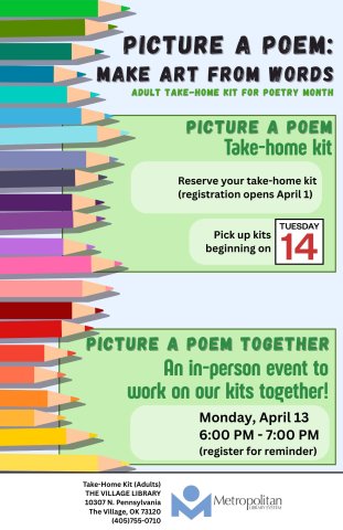 Colored pencils are lined up along the left side of the picture. The right side contains the name of the program, and information about the take-home kit on Tuesday and the program on Monday the 13th to do our kits together. 