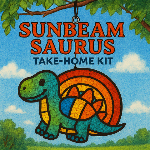 A cheerful stained‑glass-style dinosaur suncatcher hangs from a tree branch on a bright, sunny day. Made of glowing mosaic panels in warm rainbow colors, the friendly dinosaur shines against a blue sky with fluffy clouds, showcasing the playful spirit of the “Sunbeam Saurus Take‑Home Kit.”