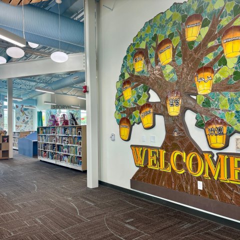 The Tree of Lanterns mural, where the Poet-Tree will be.  Looking towards the Kids section of Almonte Library.