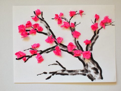 Cherry blossom craft made with paint and tissue paper