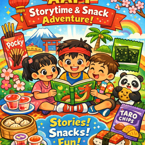 Cartoon-style poster showing children reading together on a blanket, surrounded by colorful AAPI-inspired snacks like Pocky, seaweed, dumplings, lychee jelly, sushi, and taro chips. The background includes cherry blossoms, a torii gate, mountains, lanterns, and a rainbow. Text reads: ‘AAPI Storytime & Snack Adventure—Stories! Snacks! Fun!