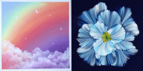 Two paintings: Pastel Rainbow and Blue Flowers created with the String Pulling Technique