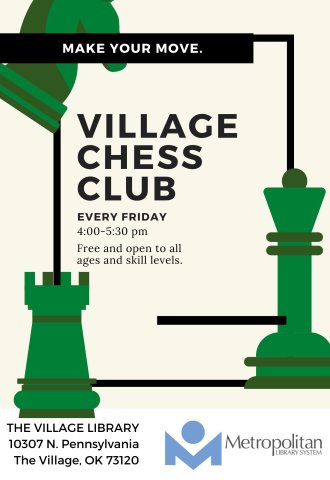 Green chess pieces on a cream background; Fridays 4-5pm at The Village Library.