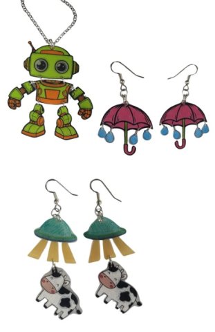 Jewelry made from shrink art. A robot, umbrellas, and UFOs with cows are shown.