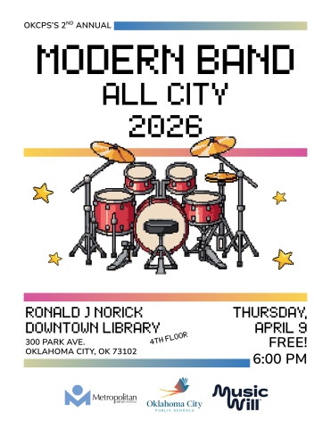 A poster for the Modern Band All-City program with the date (April 9), location details, and pixel art of a drum set.