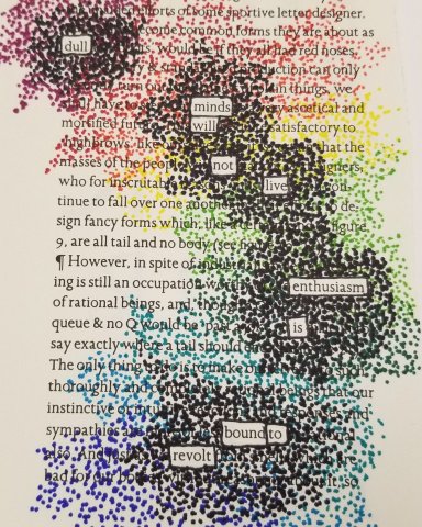 A book page, colored and certain words circled