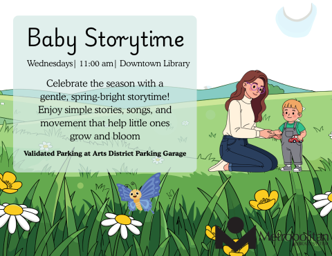 Image shows a mother and her child in the middle of a meadow with flowers blooming. 