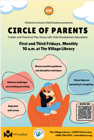 Flyer with hands holding family. Flyer describes the services offered in the program: sharing parenting advice, dealing with stress, and sharing positive guidance and discipline techniques.