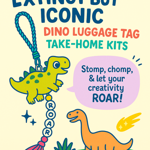 A colorful cartoon-style poster featuring playful dinosaurs and a bright dino-shaped luggage tag with beaded letters spelling “ROAR.” Decorative stars, leaves, and speech bubble text reading “Stomp, chomp, & let your creativity roar!” surround the characters. The title “Extinct but Iconic: Dino Luggage Tag Take‑Home Kits” appears at the top in bold, colorful lettering.