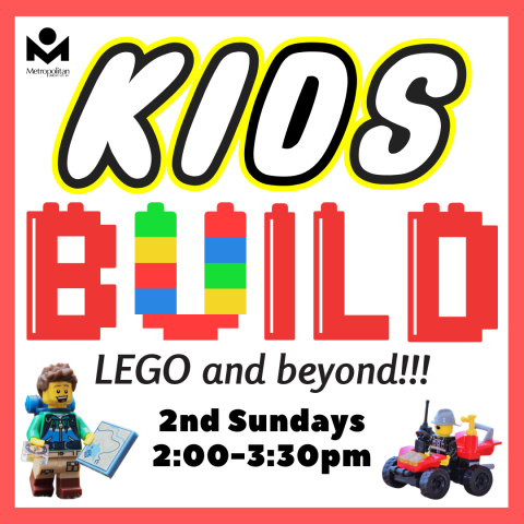 Kids Build flyer featuring a LEGO car and minifigure with the text "Kids Build: LEGO and Beyond, 2nd Sunday, 2:00-3:30pm"