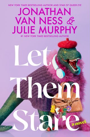 Book cover of ‘Let Them Stare’ with a toy dinosaur wearing a purple sweater, pink feather boa, and red beret and carrying a leather handbag against a lavender background.