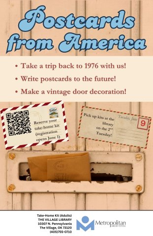 The words "Postcards from America" appear in a 1976-vintage font, Candace. Details of the program are below, on two little postcards, with a QR code linking to the program and the pickup date of June 9.