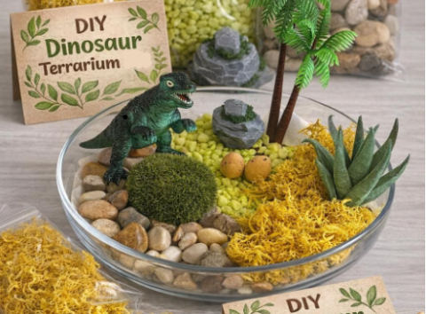 A shallow bowl filled with rocks, plastic plants, rocks and a dinosaur.
