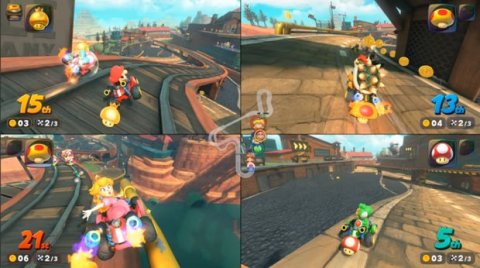 A screenshot of Mario Kart including 4 players