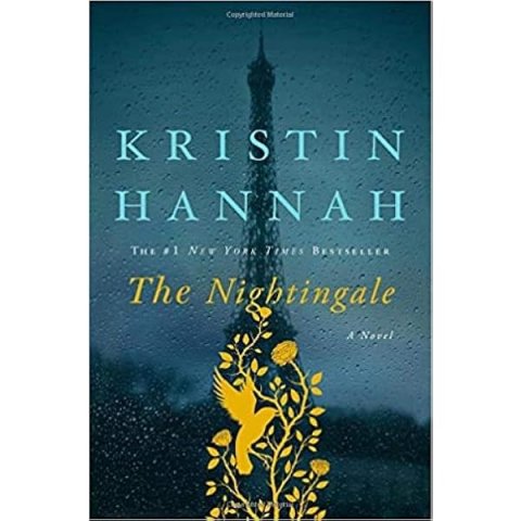 Cover of The Nightingale showing the Eiffel Tower viewed through a rain-spotted window superimposed with a gold nightingale graphic.
