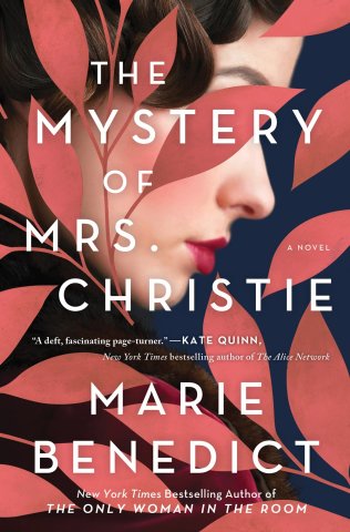  Cover of 'The Mystery of Mrs.Christie' by Marie Benedict with a woman's face obscured by pink leaves.
