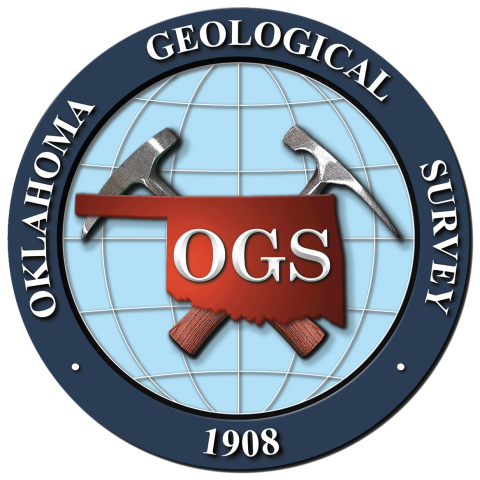  Logo featuring Blue globe with a red Oklahoma and hammers on top with text Oklahoma Geological Survey