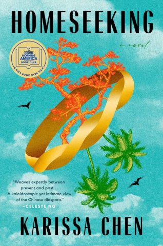 Cover of ‘Homeseeking’ with a large golden ring that has trees sprouting from it on a light blue sky background.
