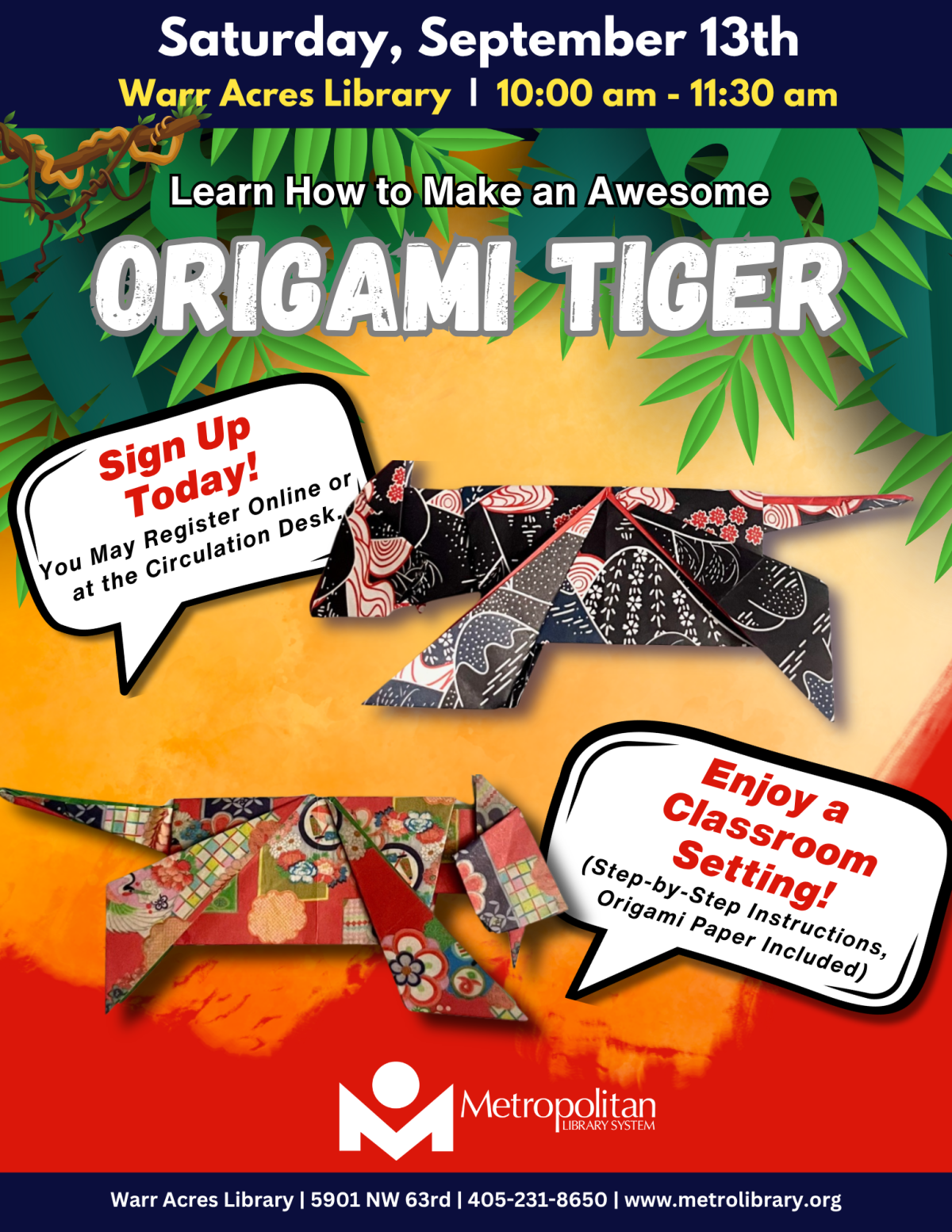 Learn How to Make an Awesome Origami Tiger, September 13th from 10am-11:30am at Warr Acres Library.
