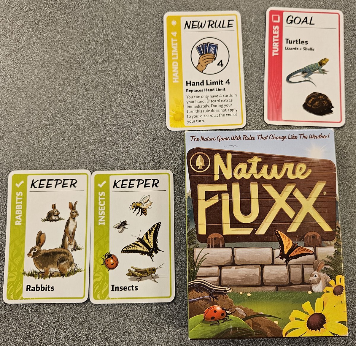 Fluxx card game showing card types and art