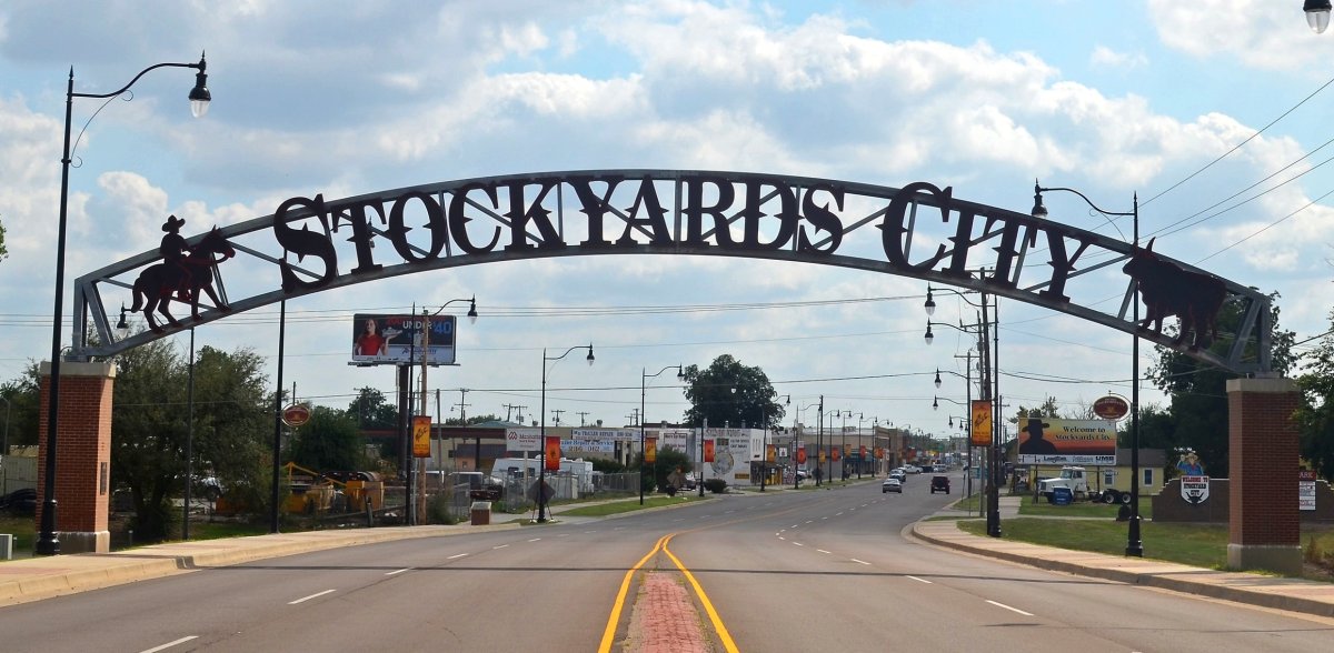 Photo of Stockyards City entrance sign and road