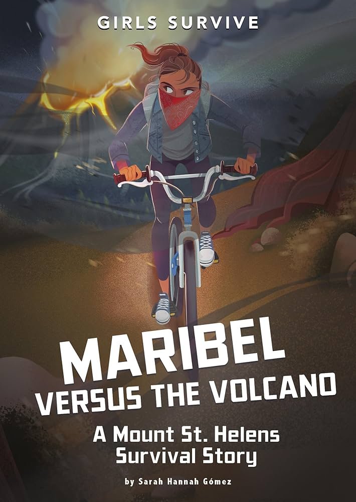 Book cover showing a girl with a bandana on her face riding her bike away from a volcanic eruption
