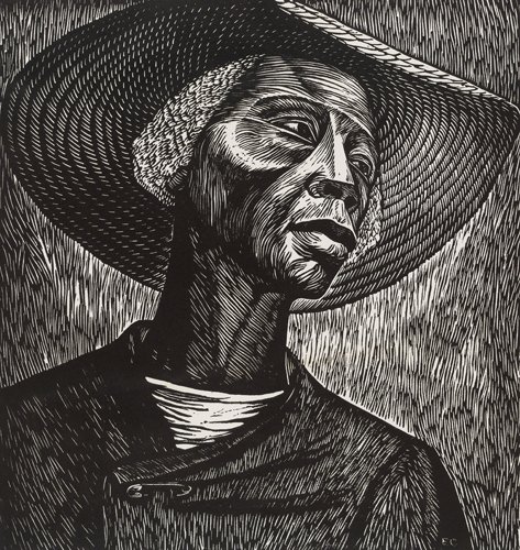 An image of a print by Elizabeth Catlett of a woman wearing a hat