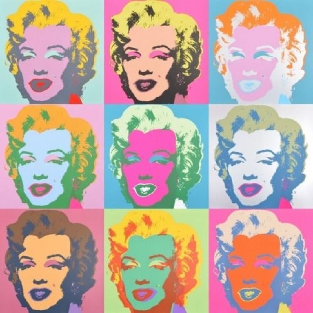 An image of nine screen prints of Marilyn Monroe by artist Andy Warhol