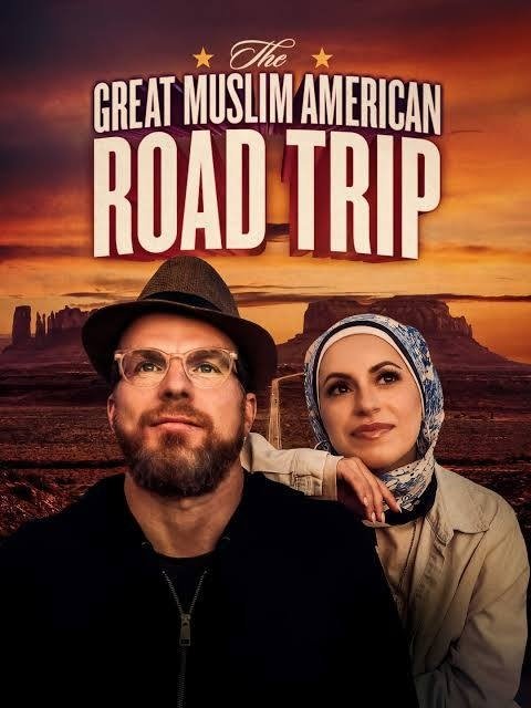Title of picture: Great American Muslim Road Trip. A young couple with a sunset in the background.