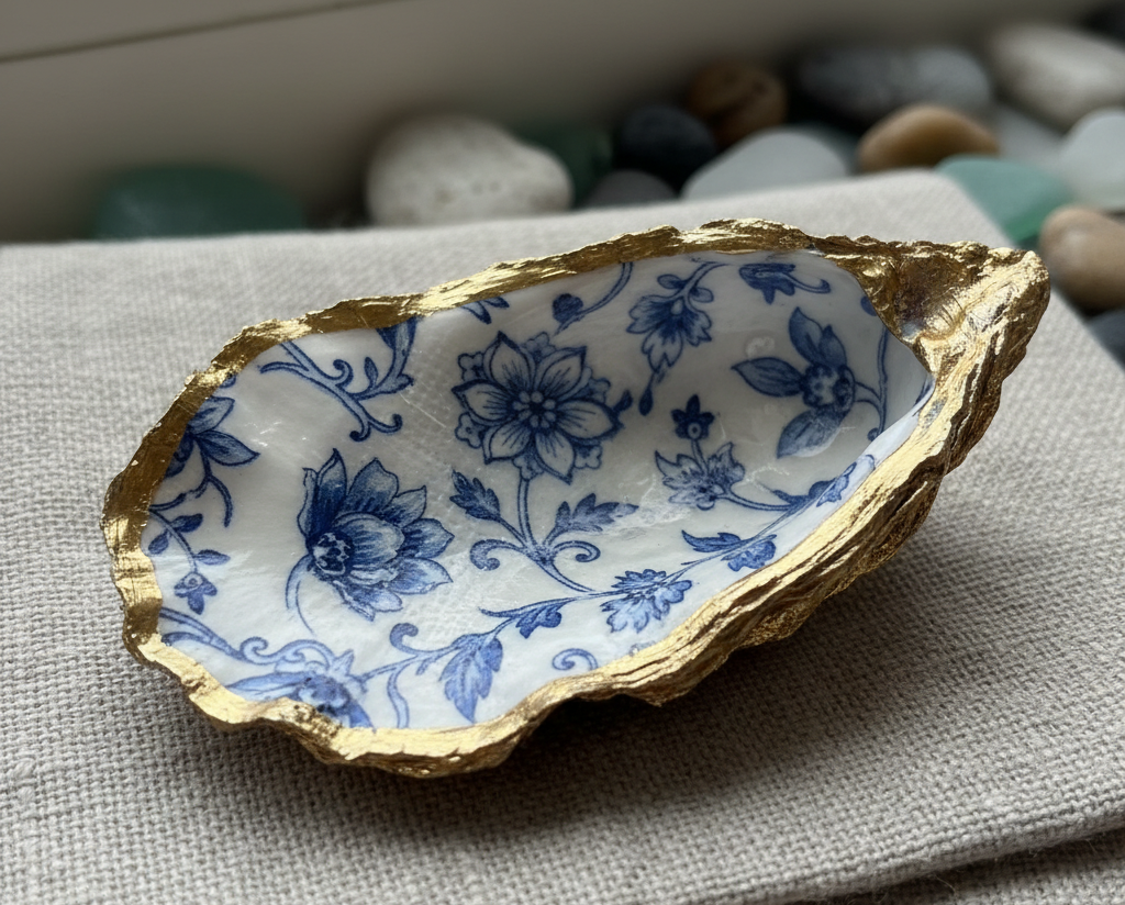 Oyster shell decoupaged with a blue and white floral napkin. The shell is edged with gold trim