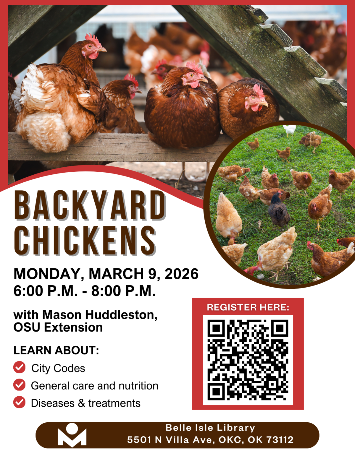flyer for backyard chickens event at belle isle library.