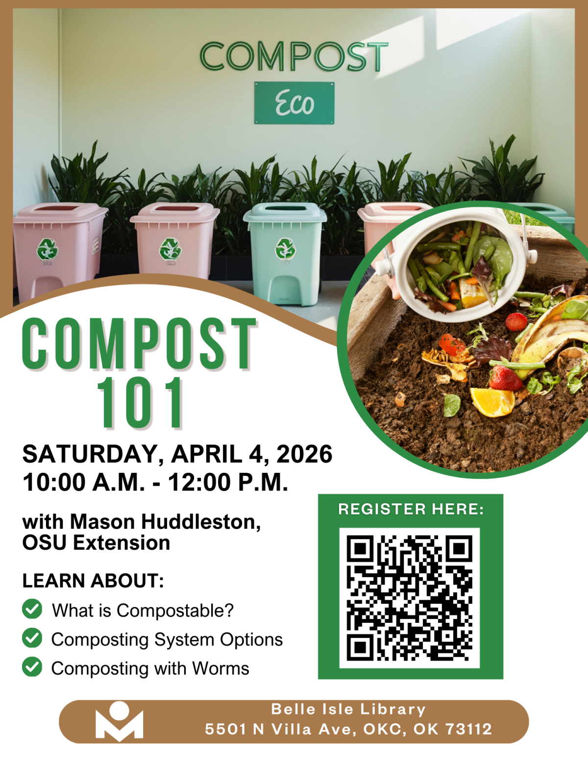 flyer for composting 101 event at belle isle library.