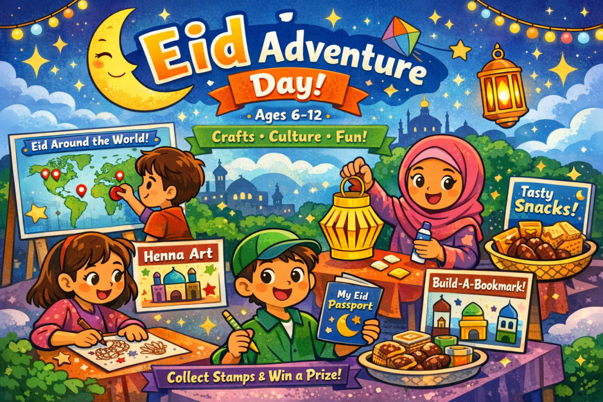 children at each station doing or holding cultural representations of Eid