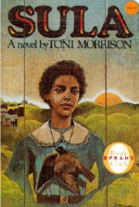 Cover of "Sula" by Toni Morrison with a young girl in a blue dress and hills in the background.