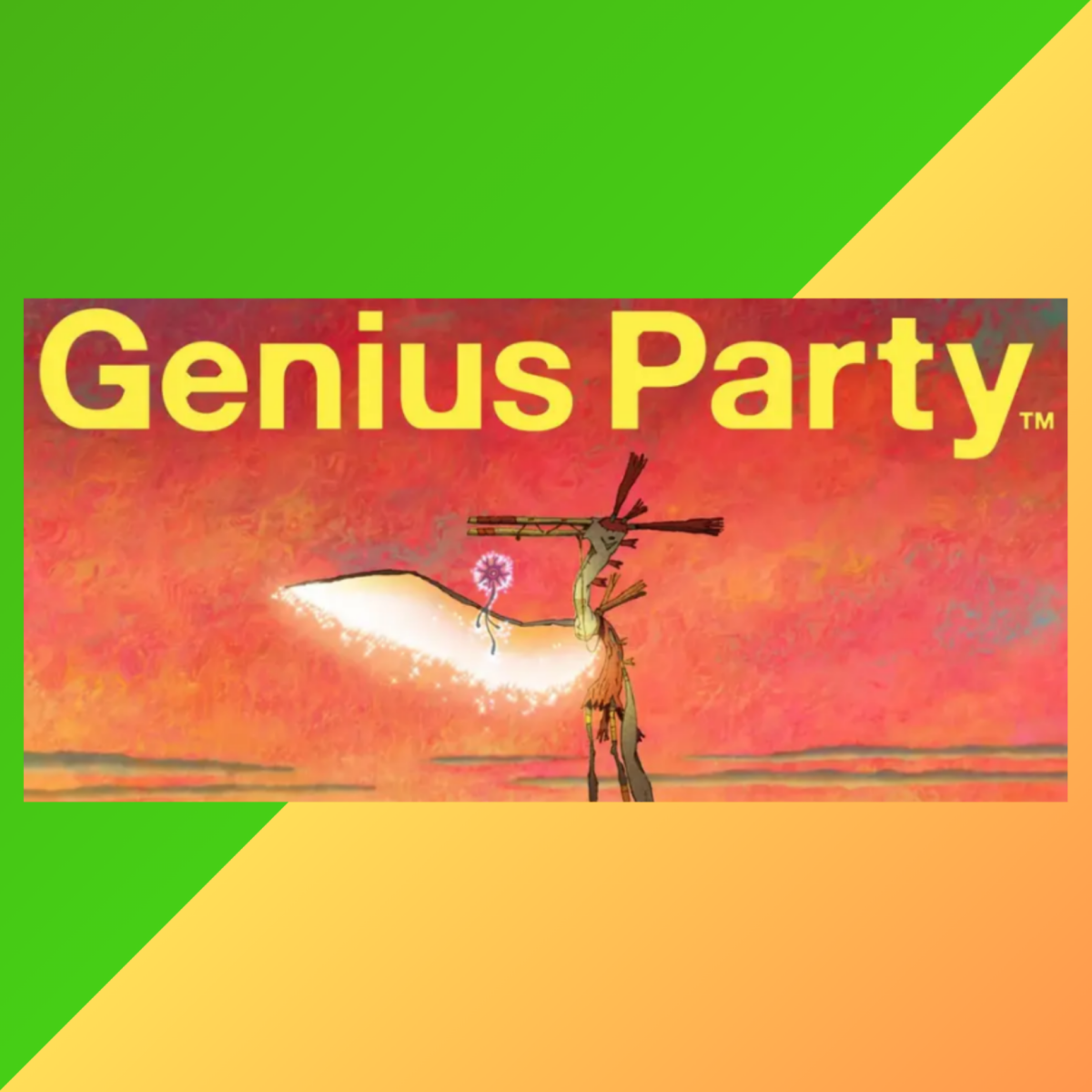 Picture of a tall bird sculpture holding a flower, titled "Genius Party."