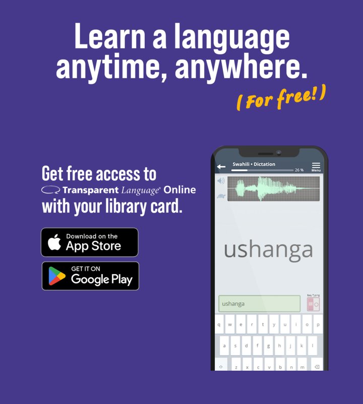 Learn a language anytime, anywhere. (For Free!) on purple background with a phone.