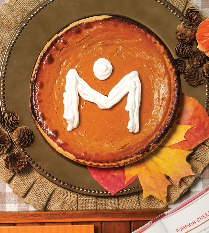 Metropolitan Library System logo written in whipped cream on a pumpkin pie.