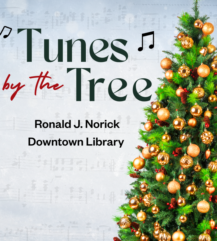 Tunes by the Tree at the Ronald J. Norick Downtown Library on a snowy background next to a Christmas tree decorated with gold ornaments.