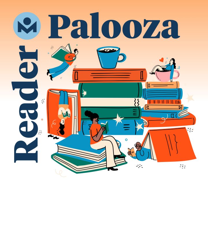 Readerpalooza with illustrations of books and people reading.