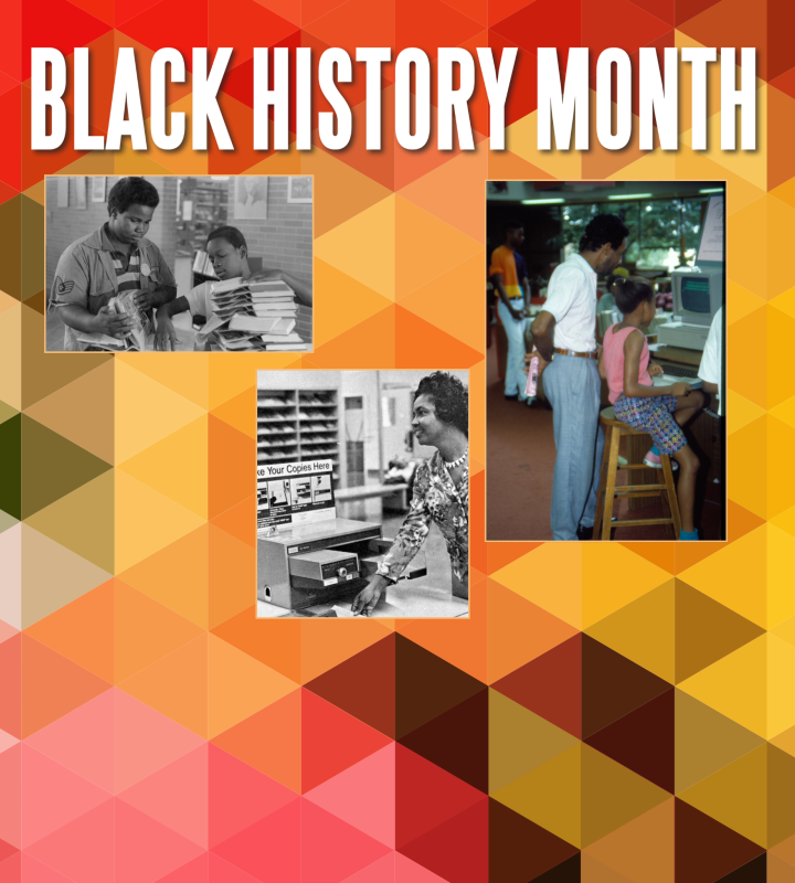 Colorful geometric background with inset black and white images of guests and staff at the Ralph Ellison Library and text Black History Month