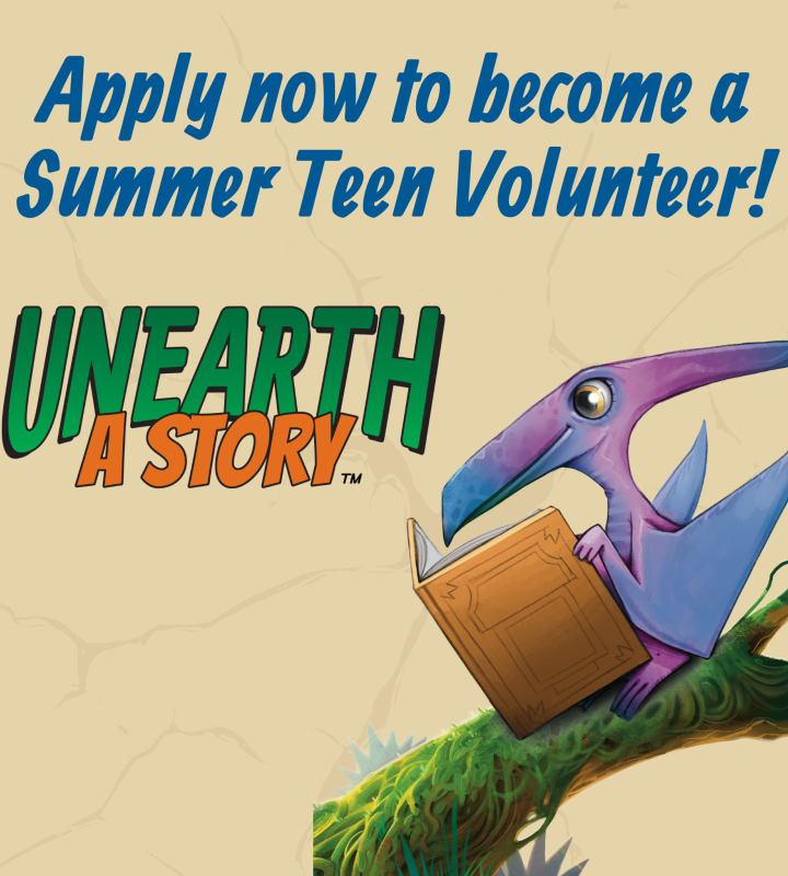 Colorful pterodactyl reading a book on a branch with text inviting teens to apply as summer volunteers accompanied by the 2026 Summer Reading theme logo "Unearth a Story."