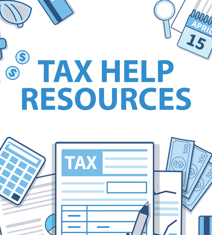 Illustration of tax documents, calculator, money and a calendar showing April 15, highlighting tax help resources.
