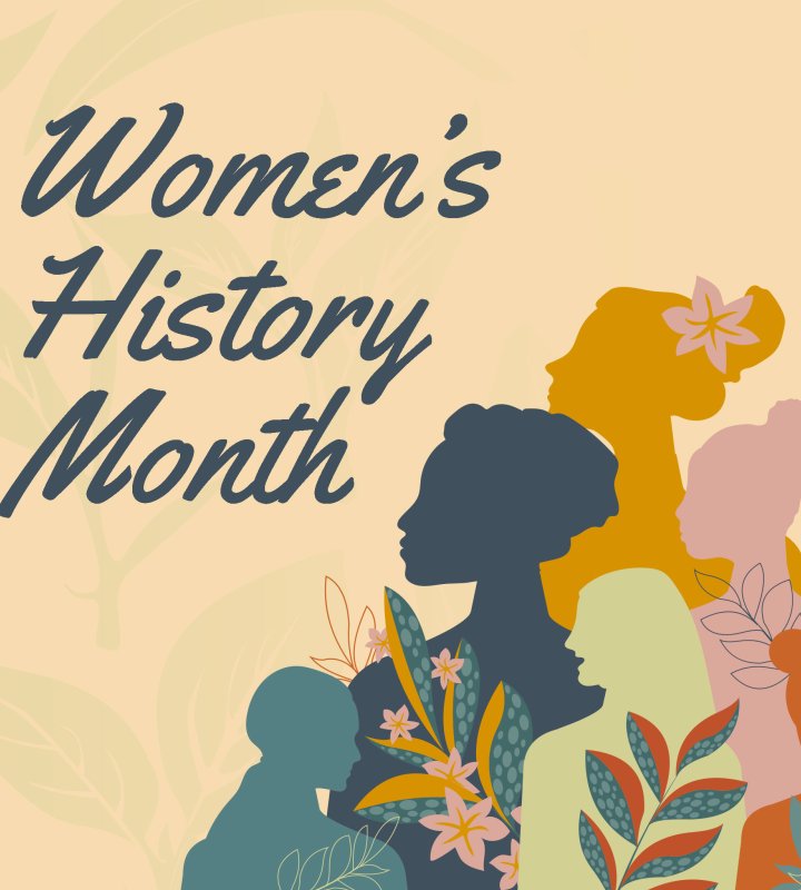 Silhouettes of diverse women with floral accents celebrating Women's History Month on a soft beige background.